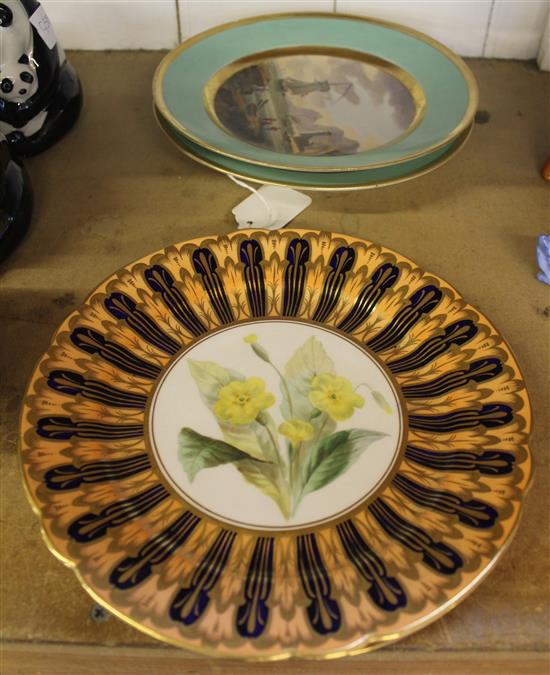 Pair Ridgway botanical dessert plates, c 1850 & pair of plates painted coastal scenes within apple green & gilt borders (a.f)